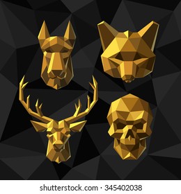 Vector illustration Golden Dog, Fox, Deer, Skull. Polygon style.