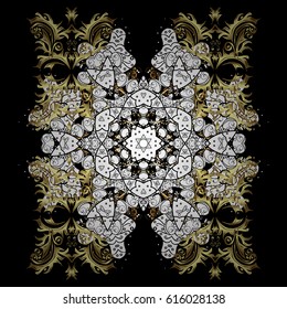Vector illustration with golden and doodles elements. Black Christmas frame with abstract snowflakes and dots on black background.
