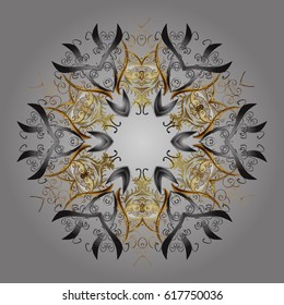 Vector illustration with golden and doodles elements. Christmas frame with abstract snowflakes and dots on gray background.