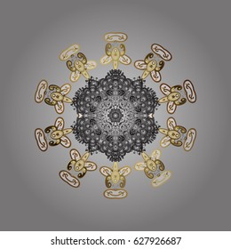 Vector illustration with golden and doodles elements. Christmas frame with abstract snowflakes and dots on gray background.
