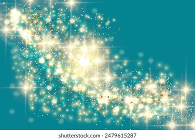 Vector illustration Golden dots stars glowing round frame rays glitter confetti sparkle wave rain falling Copy space Horizontal blue green background Gold spotlights Bright flash Birthday template