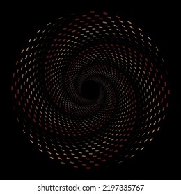 Vector illustration of golden dotted swirl on a black background. Clipart of spiral vortex dashes.
