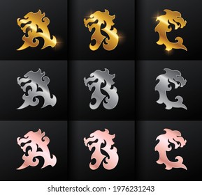 A Vector Illustration of Golden Dragon Monogram Initial Letter ABC in black background with Gold, Silver and Rose Gold color combo