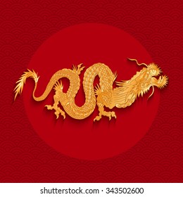 Vector illustration of a golden dragon on red background