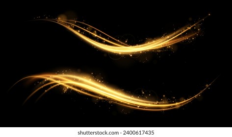 Vector illustration of golden dynamic lights and light lines, with flying sparks effect, isolated on black background. Abstract background for concepts of science, light, speed, futuristic and energy	