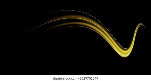 Vector illustration of golden dynamic lights and light lines, with flying sparks effect, isolated on black background. Abstract background for concepts of science, light, speed, futuristic and energy