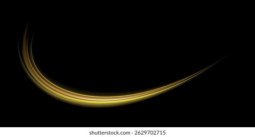 Ilustração vetorial de luzes dinâmicas douradas e linhas de luz, com efeito de faíscas voadoras, isoladas no fundo preto. Fundo abstrato para conceitos de ciência, luz, velocidade, futurista e energia