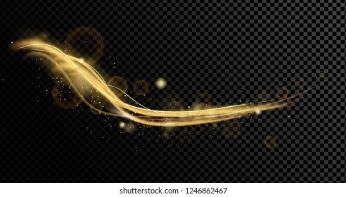 Vector illustration of golden dynamick lights linze effect with srarcles isolated on transparent background. Abstract background for science, futuristic, energy technology concept. Digital image lines