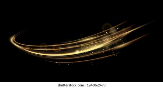 Vector illustration of golden dynamick lights linze effect isolated on black color background. Abstract background for science, futuristic, energy technology concept. Digital image lines with light