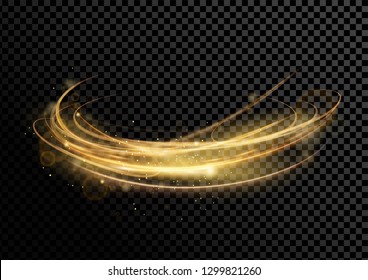 Vector illustration of golden dynamick lights and linze effect with sparcles isolated on transparent darck background. Abstract background for science, light, speed, futuristic and energy technology