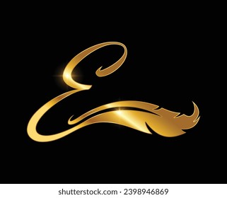 A vector illustration of Golden E Monogram Logo with feather in black background with gold shine effect