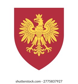 Vector illustration of a golden eagle with a crown, displayed on a red shield, isolated