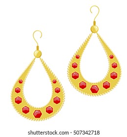 Vector illustration golden earrings on a white background. Cartoon style earrings with red gem