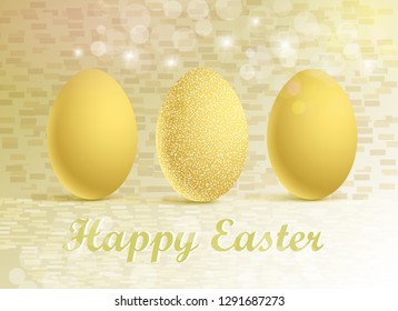 Vector illustration of golden eggs on a festive background with a Happy Easter greeting.