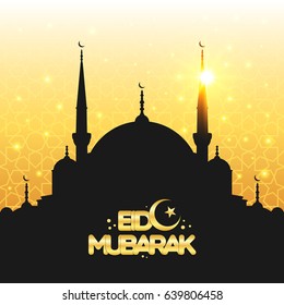 Vector Illustration of golden Eid Mubarak poster, banner or greeting card design. Mosque silhouette over geometric islamic wallpaper pattern for holy month of muslim community Ramadan Kareem