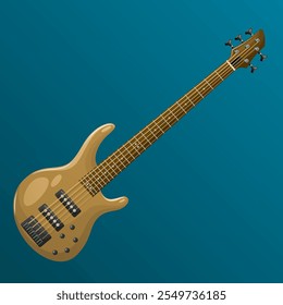 vector illustration of a golden electric bass guitar with five strings, featuring a sleek body design and detailed tuning pegs, making it visually appealing and relevant for music enthusiasts