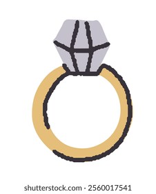 A vector illustration of a golden engagement ring with a sparkling diamond in a simple, modern style, isolated on a white background. Ideal for wedding and romantic themes.