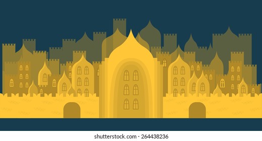 Vector illustration of golden fabulous city. Buildings, towers, castles. 