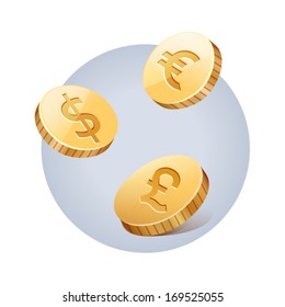 Vector illustration of golden falling dollars, euros and pounds
