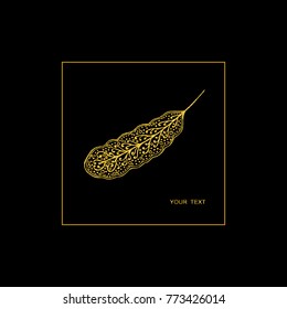 Vector illustration. Golden feather (leaf) on a black background. Handmade.