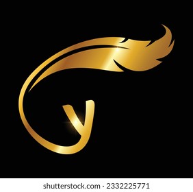 A Vector Illustration of Golden Feather Monogram Logo Initial Letter Y in black background with gold shine effect