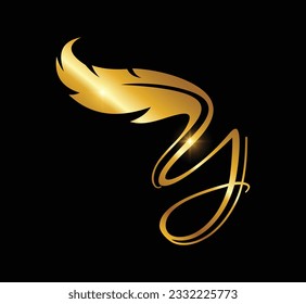 A Vector Illustration of Golden Feather Monogram Logo Initial Letter Y in black background with gold shine effect