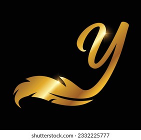 Ilustración vectorial del logotipo del Monograma de la pluma dorada Letra inicial Y en fondo negro con efecto de brillo dorado