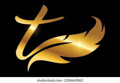 A Vector Illustration of Golden Feather Monogram Logo Initial Letter T in black background with gold shine effect