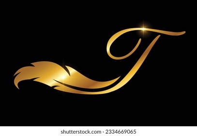 A Vector Illustration of Golden Feather Monogram Logo Initial Letter T in black background with gold shine effect