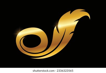 A vector Illustration of Golden Feather Monogram Logo Initial Letter O in black background with gold shine effect