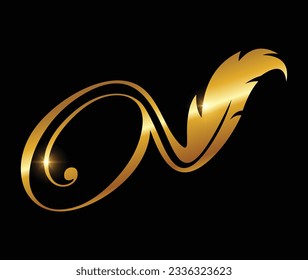 A vector Illustration of Golden Feather Monogram Logo Initial Letter O in black background with gold shine effect