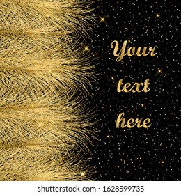 Vector Illustration with golden feathers on a black glitter and sparkle confetti background. Design for invitation background, wedding invitation card, honeymooners, birthday card, brochure, menu,etc.