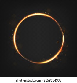 Vector illustration. Golden fire circle with glare and sparcles on dark background.