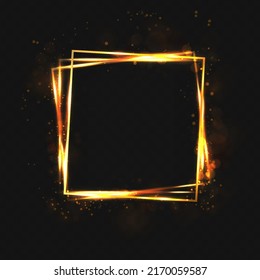 Vector illustration. Golden fire squares with glare and sparcles on dark background.