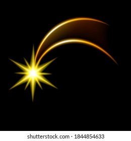 Vector illustration Golden fire trail of a comet falling and flying star