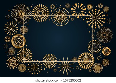 Vector illustration with golden fireworks frame on a dark blue background, place for text. Flat style design. Concept for holiday celebration, greeting card, poster, banner, flyer.