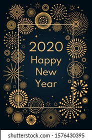 Vector illustration with golden fireworks frame on a dark blue background, text 2020 Happy New Year. Flat style design. Concept for holiday celebration, greeting card, poster, banner, flyer.