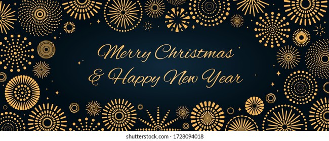 Ilustración vectorial con fuegos artificiales dorados en un fondo azul oscuro, texto Feliz Navidad y Feliz Año Nuevo. Diseño de estilo plano. Concepto de tarjeta de saludo de vacaciones, afiche, pancarta, volante.