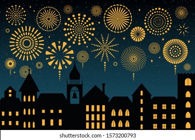 Vector illustration with golden fireworks in the night sky over the black city, place for text. Flat style design. Concept for New Year celebration, holiday background, card, poster, banner.