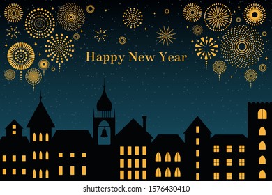 Vector illustration with golden fireworks in the night sky over the black city, text Happy New Year. Flat style design. Concept for holiday celebration, background, card, poster, banner.