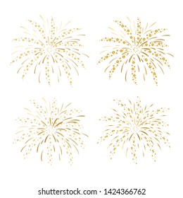 Vector illustration of golden fireworks on white background, vector illustration. Holiday and party firework icons collection 
