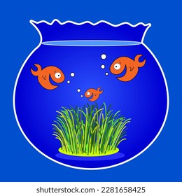 vector illustration of golden fish in a bowl of water with green grass. useful for Persian Nowruz