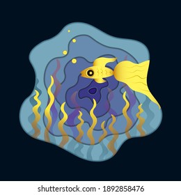 vector illustration golden fish in the sea paper cut effect post card blue ocean