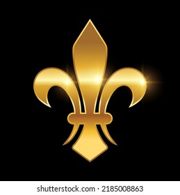 A vector illustration of Golden Fleur De Lis Logo Sign in black background with gold shine effect