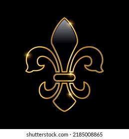 A vector illustration of Golden Fleur De Lis Logo Sign in black background with gold shine effect