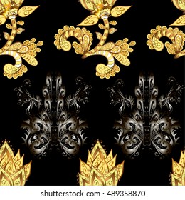 Vector illustration with golden flowers elements on black background.