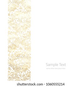 Vector illustration with golden foil OM mandalas pattern on white background with copy space. Zen card template background.