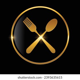 A vector illustration of Golden Fork and Spoon Logo Vector Icon in black background with gold shine effect