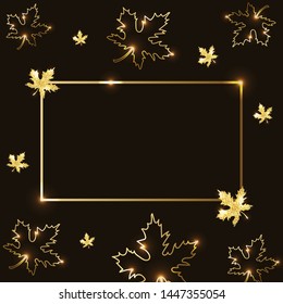 Vector of illustration golden frame and maple autumn fall leaves with gold texture on dark black background. Template for autumn sale, Thanksgiving, placard, greeting card, flyer, presentation