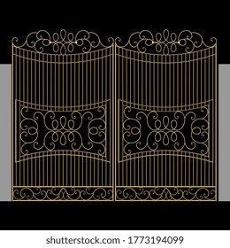 Ilustración vectorial de la puerta de oro, vista recta de forja para la puerta